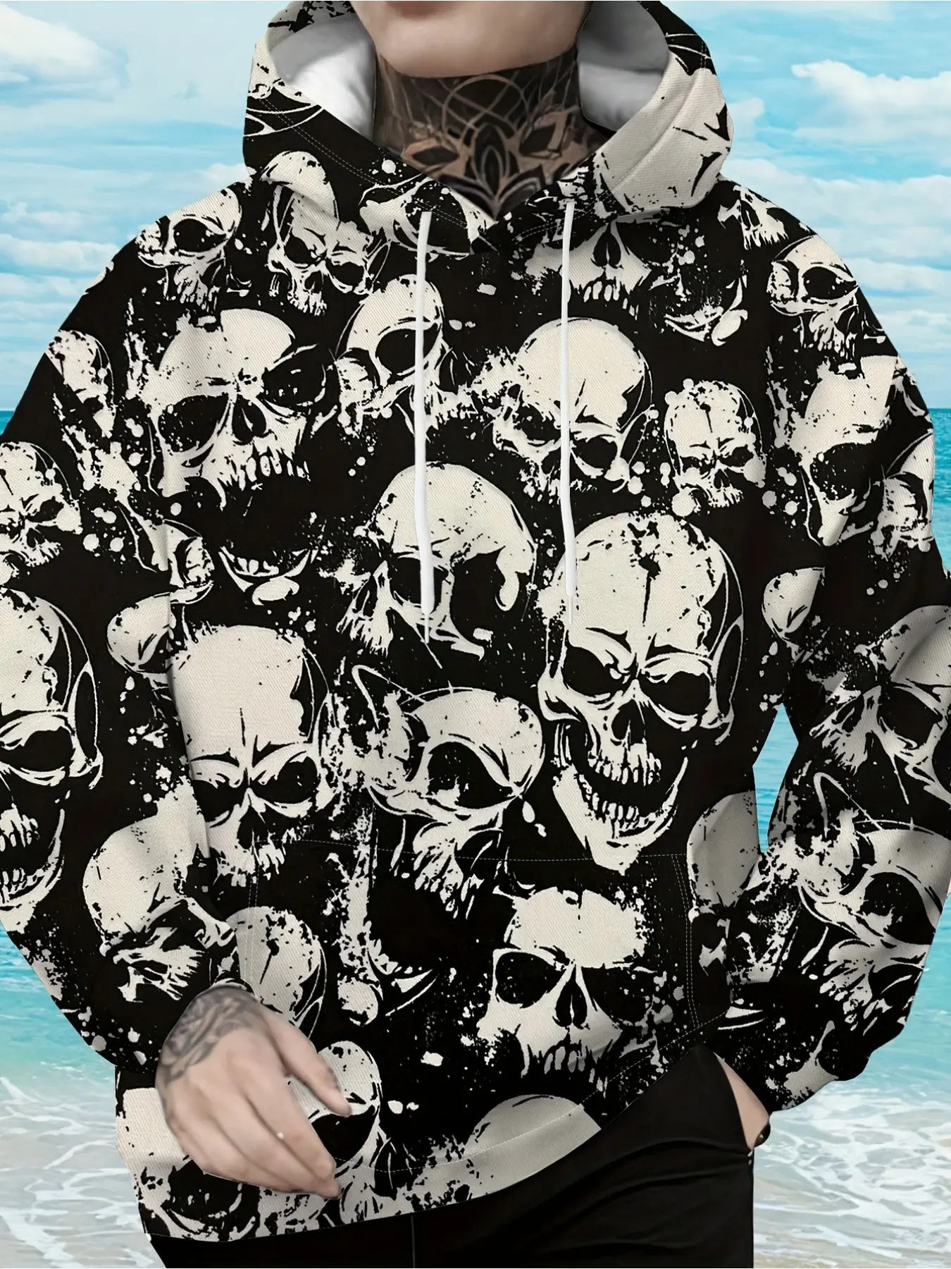 Punk Gothic Full Skull Graphic Hooded Pullover, Men Black Base White Distressed Skeleton Splatter Print Oversized Hoodie, Drawstring Grunge Streetwear Sweatshirt With Front Pocket Daily Outfit, Casual Hooded Sweatshirts, Casual Clothing