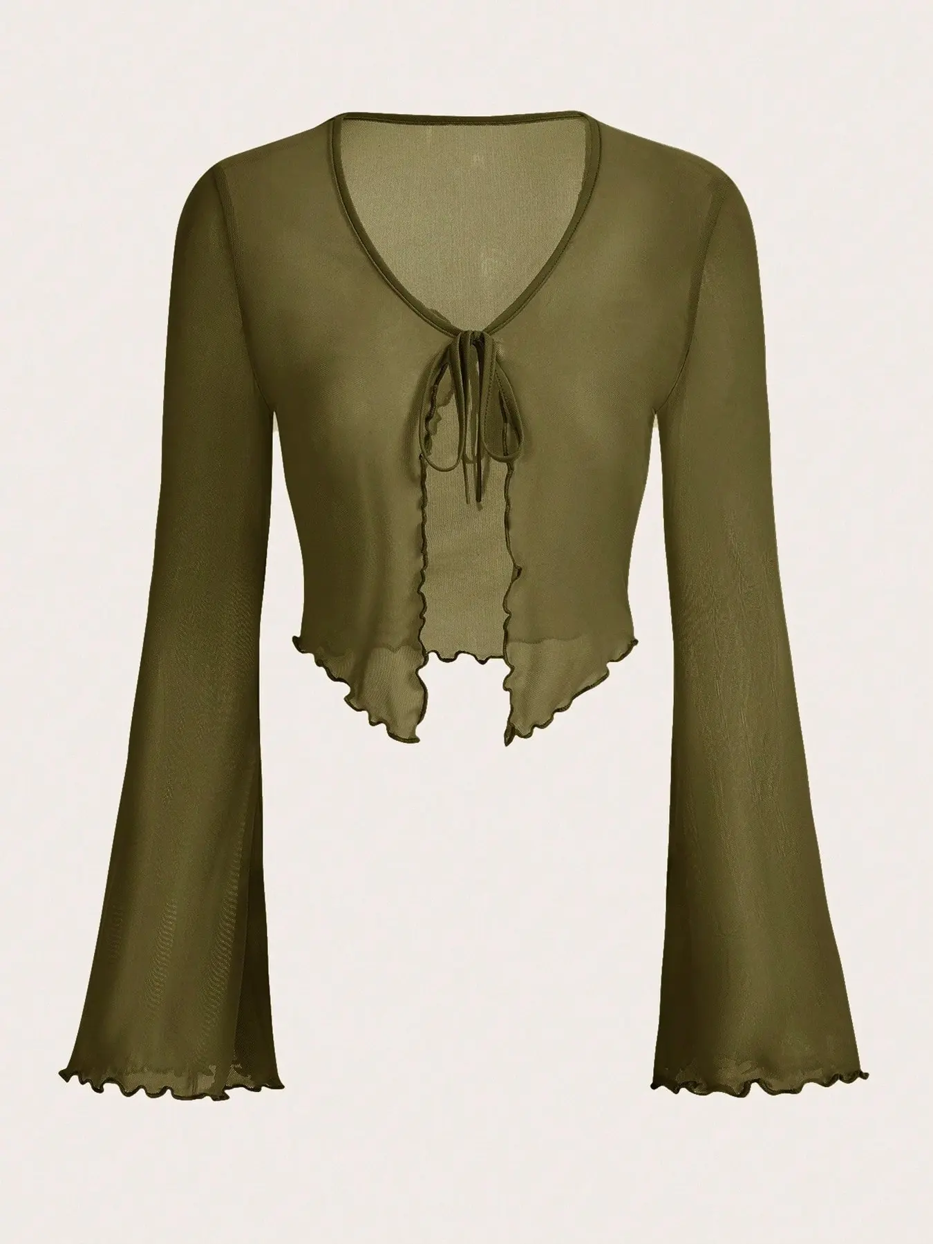 Flare Long Sleeve Cropped Open Front Cover Up with Front Tie & Ruffled Wavy Hem, Lightweight Short Shrug Outerwear, Casual Classy Elegant Loose Versatile Layering Jacket for Daily Dates, Casual Trips & Matching Outfits