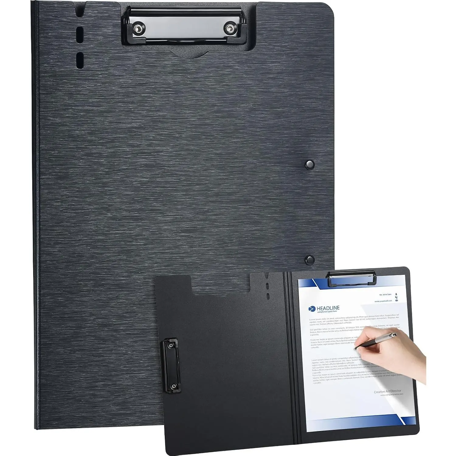 Clipboard Folder, with  Metal Clips, Embossed-Texture, Folding 360° Rotating,  Clipboard for Letter and A4, Pen Holder (Black, 1)