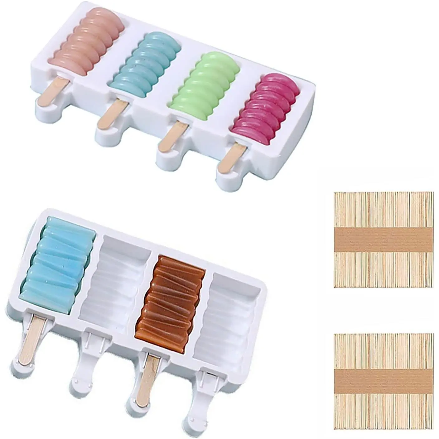 2 count Popsicle Molds, small 4 Cavities Cake Pop  Molds Ice Cream Cakesicle Molds for DIY Popsicle with 100 Wooden Sticks