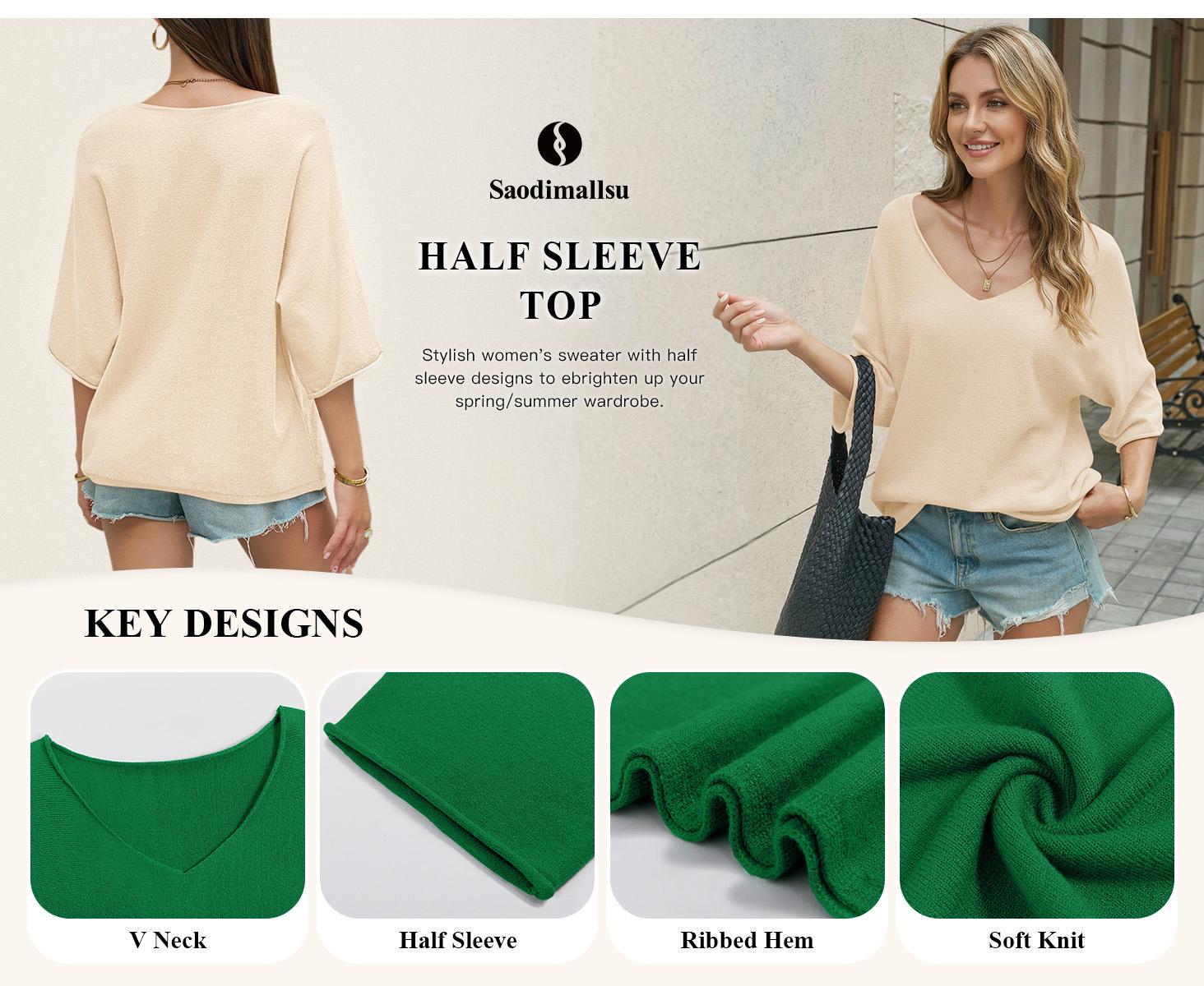 Saodimallsu Womens Oversized Summer Sweater Half Sleeve Batwing V Neck Dolman Sleeve Trendy Casual Knit Tops