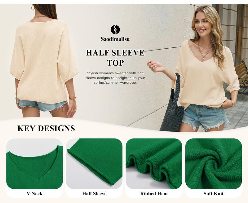Saodimallsu Womens Oversized Summer Sweater Half Sleeve Batwing V Neck Dolman Sleeve Trendy Casual Knit Tops