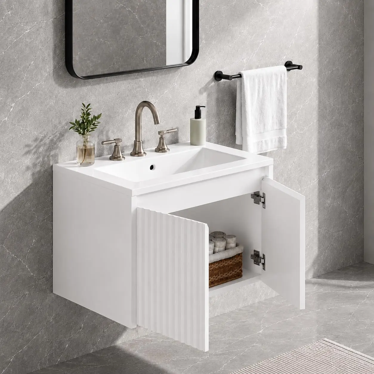 Garvee 24-Inch White Wall-Mounted Floating Bathroom Vanity Set with Double Doors, PVC/Melamine Wavy Board, 8-Inch 3-Hole White Ceramic Sink, Modern Waterproof Cabinet, Easy Assembly