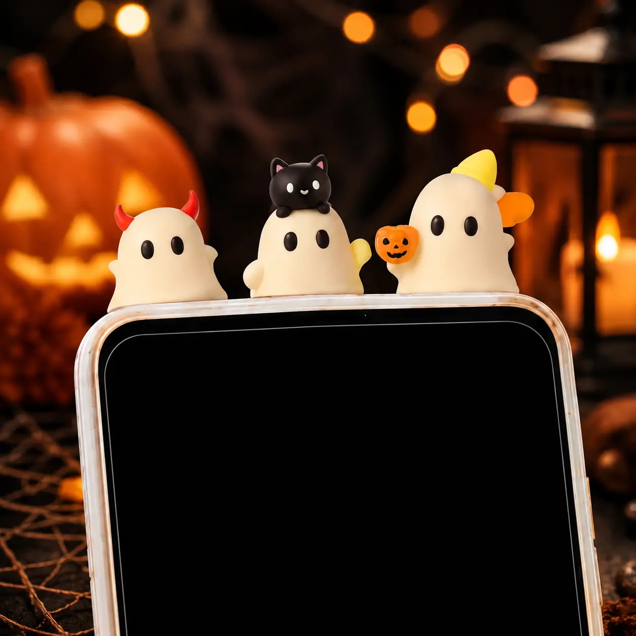(6PCS) Spooky Ghost Phone Toppers, Cute Halloween Stick-On Phone Charms, Pumpkin Ghost Decorations for Smartphones, Fun Kawaii Phone Accessories Set
