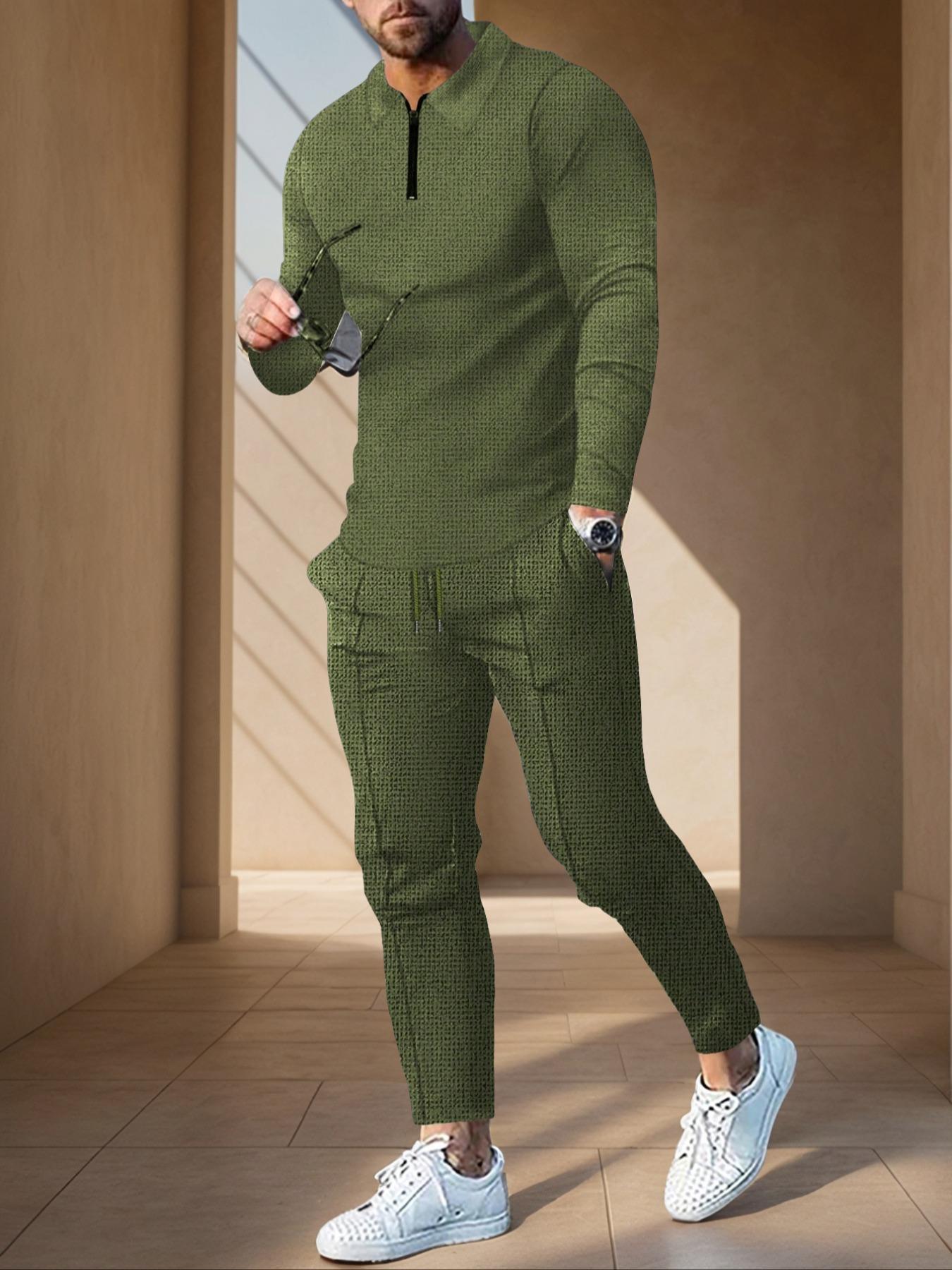 Men's Solid Color Zip Polo Shirt and Drawstring Waist Pants Set, Stylish Long Sleeve Top with Practical Pocket Design for Casual Sports