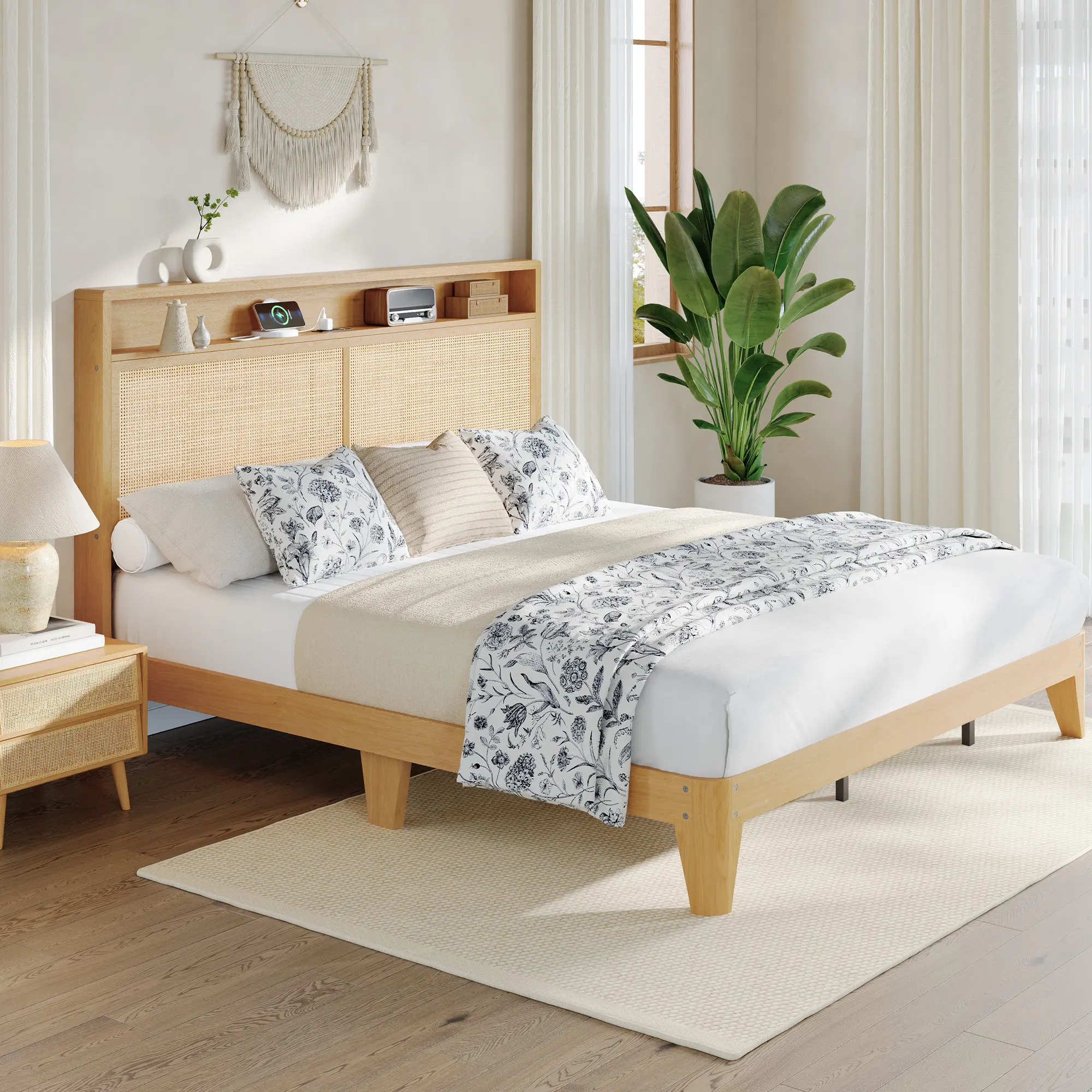 Wood Bed Frame with LED Light and Rattan Headboard | Solid Wood Leg, Under Bed Storage, Boho Style Platform Bed