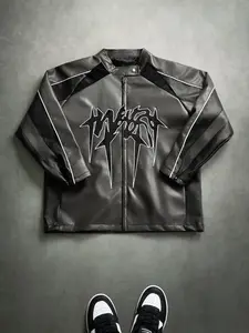 Men's Loose Fit Stand Collar Street Style Long Sleeve Jacket, Racing Inspired Retro Letter Patch Design, Perfect Gift for Him