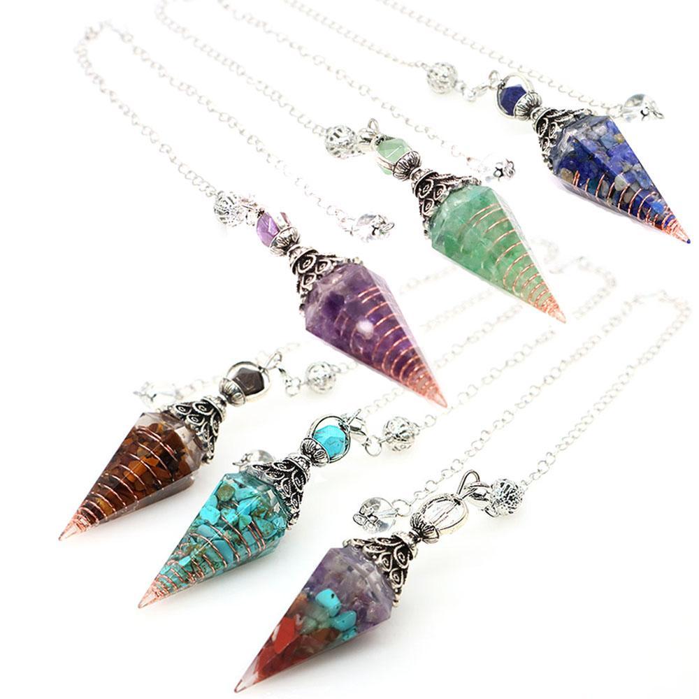 Natural Crystal Dowsing Pendulum Reiki Stone Chips Orgone Pendulums Hexagonal Pointed Reisin Spiritual Pendulo for Divination