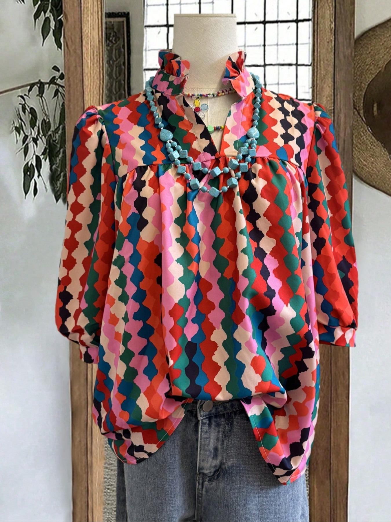 Women's Ruffled Trim Blouse, Casual V Neck Nine-point Sleeve Top for Summer, Women's Clothing for Daily Wear, Boho Floral Print Womenswear, Lady Casual Blouse Shirts, Boho Style Multicolor Shirt