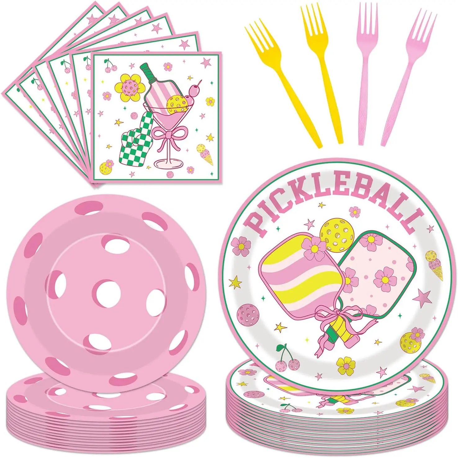 96 Pcs Pink Pickleball Party Decorations - Pink Pickleball Birthday Party Supplies with Plates, Napkins and Forks for Girls, Baby Shower, Bachelorette Tableware Decor, Serve 24