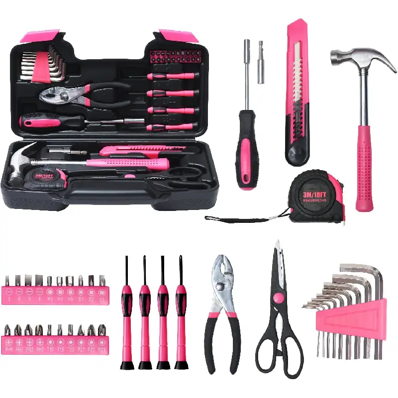 39 Piece Basic Tool kit for Women, All Purpose Pink Tool ser Household Hand Tools with Toolbox for Home Repairs, College Dorm Essentials, DIY Crafts & Gifts