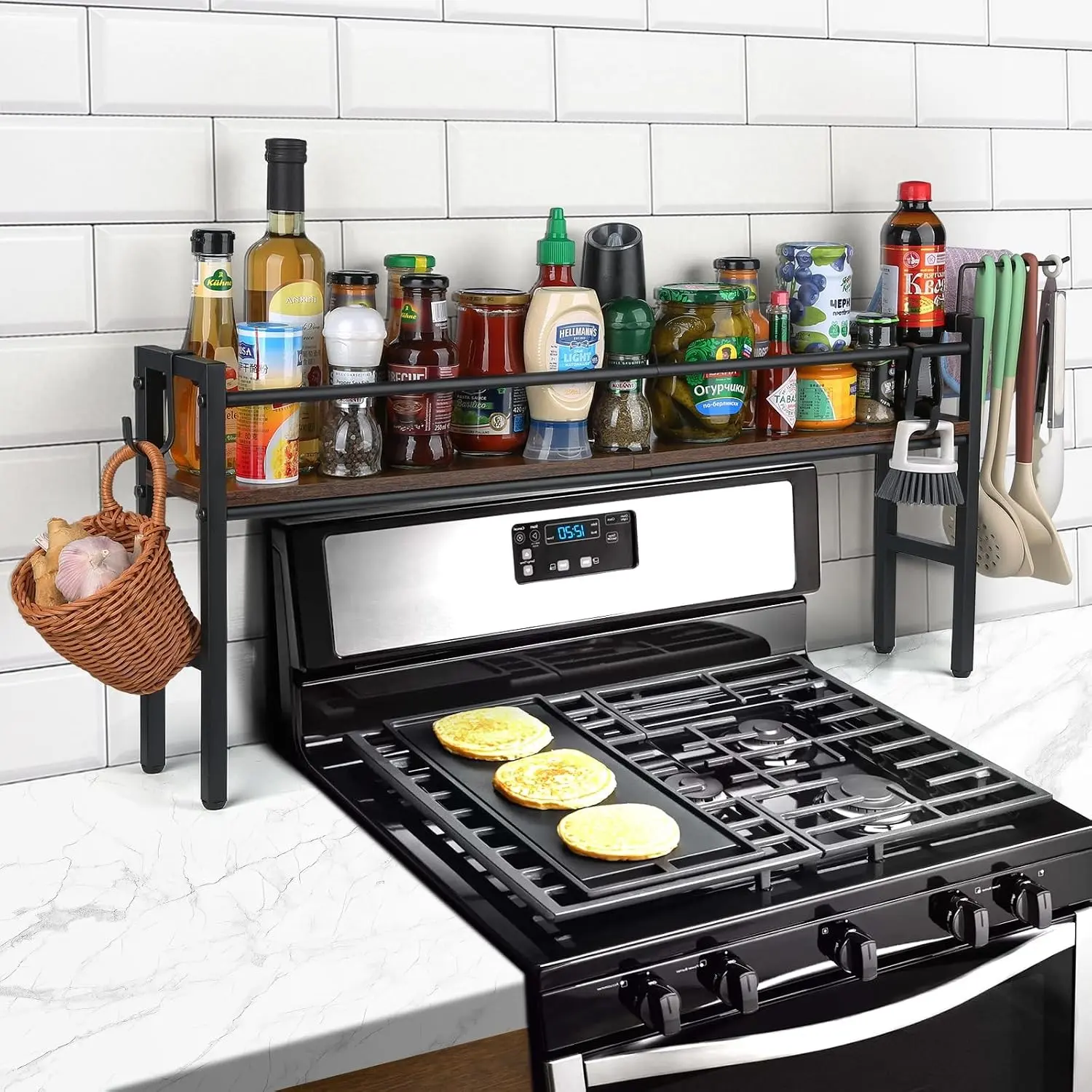 Spice Rack Shelf for Kitchen Stove, Over the Stove Shelf with 4 Hooks Extra Storage Countertop, Rustic Wood & Solid Metal Comnbined Stove Shelf for Storage Seasoning, Easy to Assemble