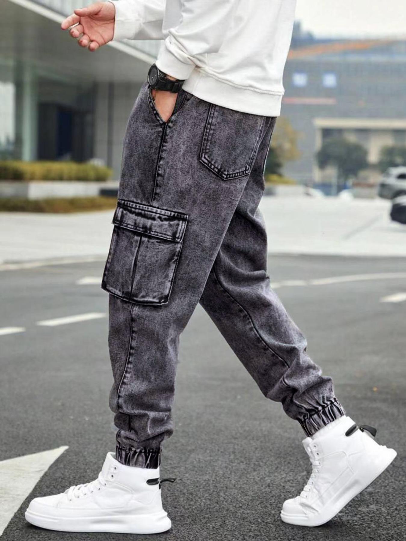 Men's Solid Flap-Pocket Cargo Jeans, Regular Fit Street Fashion Denim Trousers for Daily Wear, Men's Bottoms for All Seasons