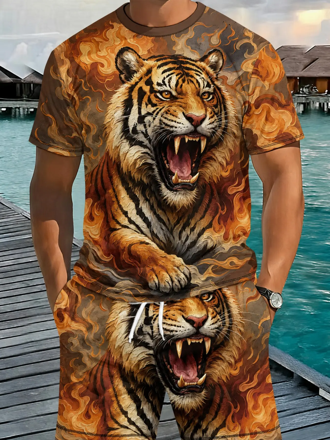 Two-piece set with all-over realistic 3D digital print featuring a roaring tiger surrounded by flames, 2Pcs, fashion suit, Menswear, stylish vacation outfit, breathable sporty casual style, an ideal holiday gift for men