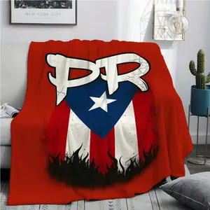 1pc Puerto Rico Flag Throw Blanket - PR Lettering & Puerto Rican Coat of Arms Design, Soft Flannel-like Spanish National Colors (Red/White/Blue) All-Season Couch Bed Travel Gift for Puerto Rico Pride, PR Symbols