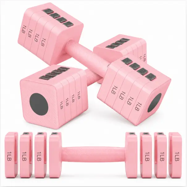 20-pound adjustable dumbbell set, for women, 4-in-1 pink free-weight training equipment, handheld dumbbells for home gym strength training