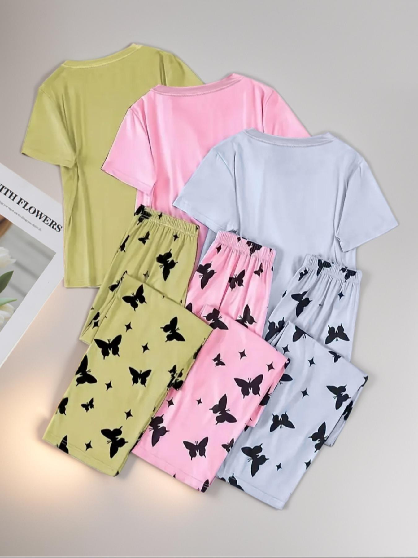 6 Counts Women's Heart & Butterfly Print Pyjama Set, Short Sleeve Tee & Elastic Waist Pants Loungewear Set, Women Cute Nightwear, All Seasons Nightwear, PJ Sets for Women, Casual Sleepwear Loungewear, Love Print Sleepwear, Summer Outfits 2024