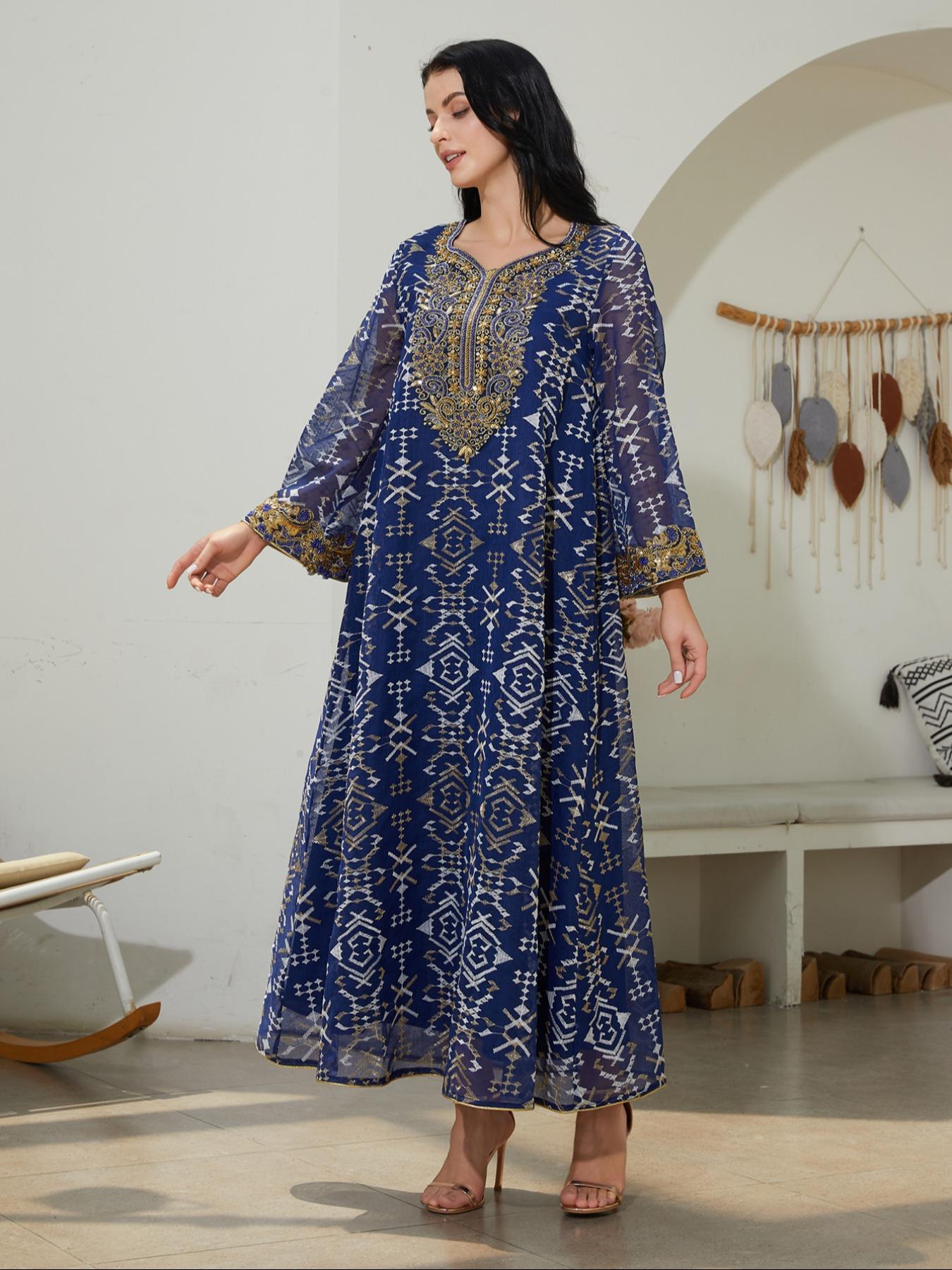 Traditional Style Embroidered Woven Kaftan Dress for Women, Long Sleeve Maxi Dress, Elegant Chic Middle Eastern Fashion, Perfect for Special Occasions, Casual Wear