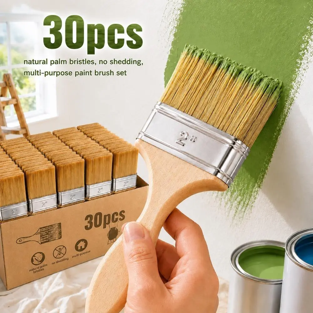 FAXHION 1 Set of 30 Wood Paint Brushes with Ergonomic Gourd Handles, 2-inch Natural Bristles for Painting and Staining, Premium Dual-purpose Smooth Paint Brushes with Durable Wood Handles for Walls and Furniture