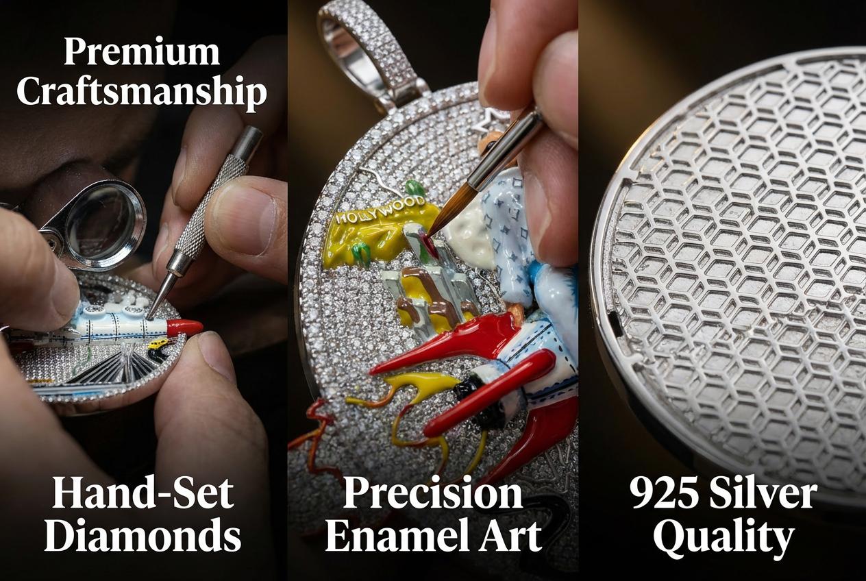 Huge Iced Out 3D Rocket Man Enamel Medallion Pendant, Colorful Cityscape Hip Hop Statement Jewelry, 925 Silver Tone with 4mm Rope Chain