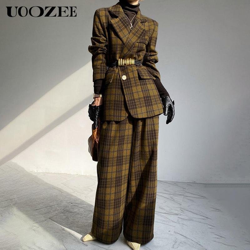 UOOZEE Women's Autumn Winter Retro Classic 2 Piece Blazer Suit, No Belt Pockets Blazer New Long Sleeves Loose Elegant Formal Business Outerwears Jackets & Plaid Pockets High Waisted Loose Full Length Trousers Pants