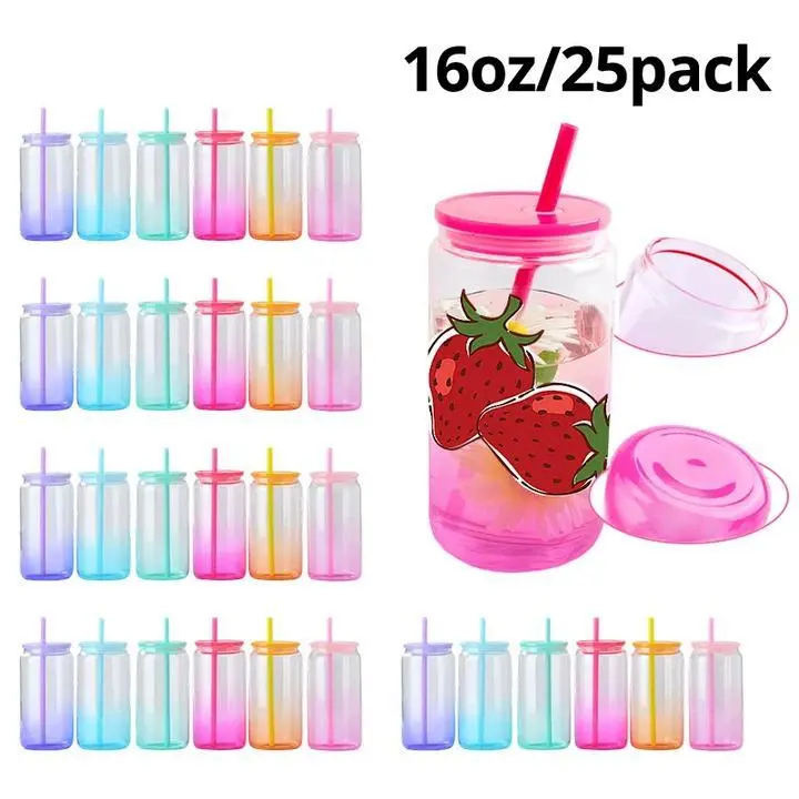 25-Pack 16oz Ombre Sublimation Glass Cups with Colored Plastic Lids, Straws and Box, Transparent Gradient Drinkware for Coffee