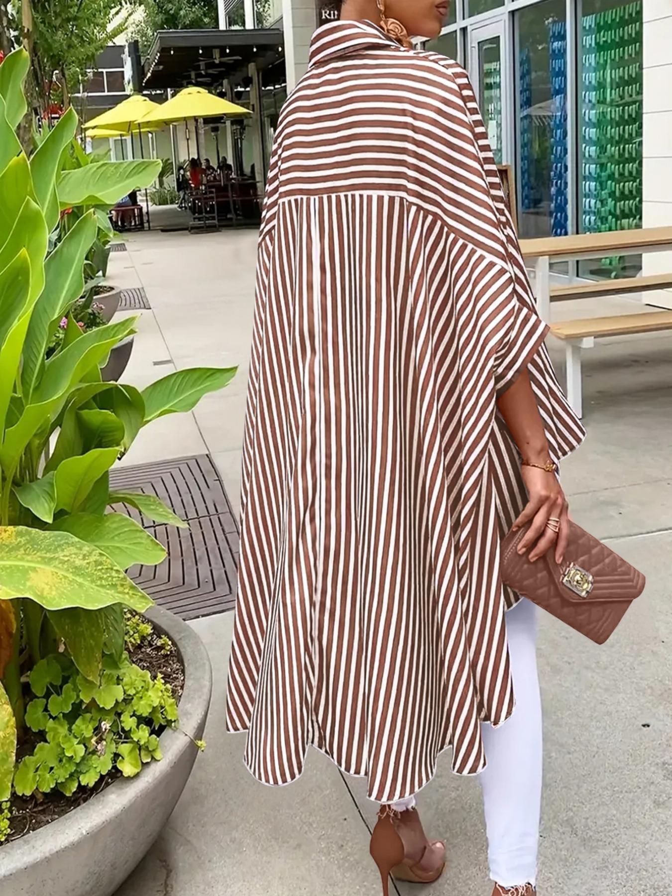 Women's Striped Print Button Front Shirt, Casual 3/4 Sleeve Collared Top for Spring, Ladies Clothes for Daily Wear