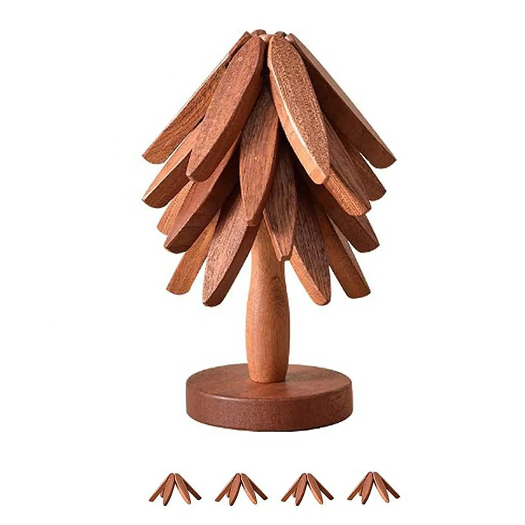Wooden Tree Shaped Coaster Set, Including 3/4 Heat Resistant Coaster & 1 Holder, Coaster for Teapot Hot Pots, Kitchen Accessories