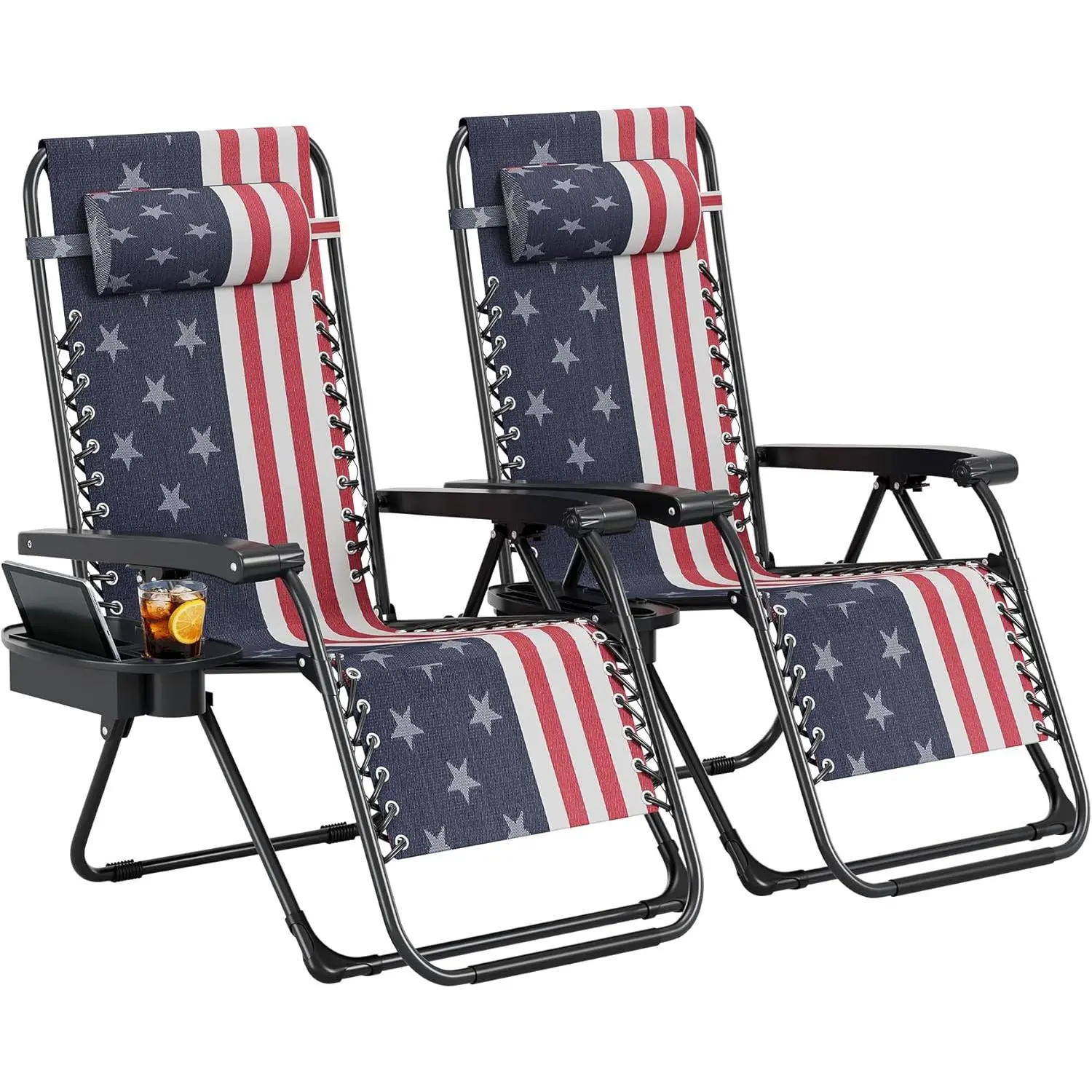 Weightless Comfort-Free Patio Chairs Set of 2 – Adjustable Folding Outdoor Recliners with Pillow & Cup Holder – Mesh Fabric, Ideal for Garden, Deck, Beach, Yard