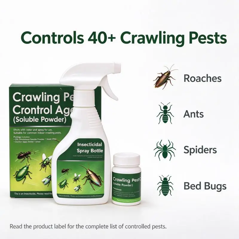 Crawling Pest Control Soluble Powder Kit with Spray Bottle & Scoop – Indoor Home Treatment for Ants, Roaches, Spiders & Common Household Pests, 40g (1.41 oz)