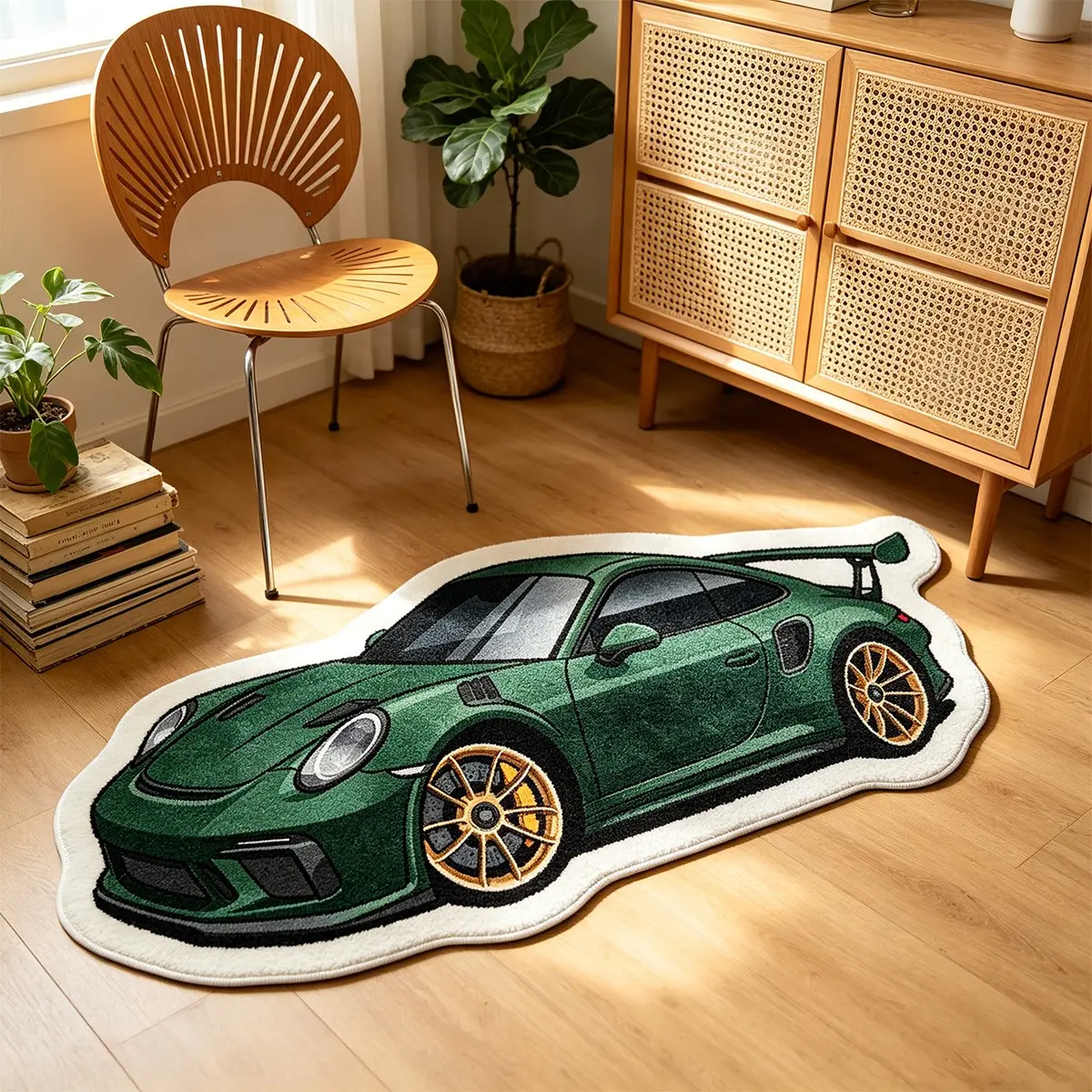 Deep Green Car-Shaped Rug, Non-Slip Bedroom Floor Mat, Fashionable Car Design, Soft Bedside Rug, American Vintage Home Decor, Decorative Rug, Indoor Area Rugs, Birthday Gift