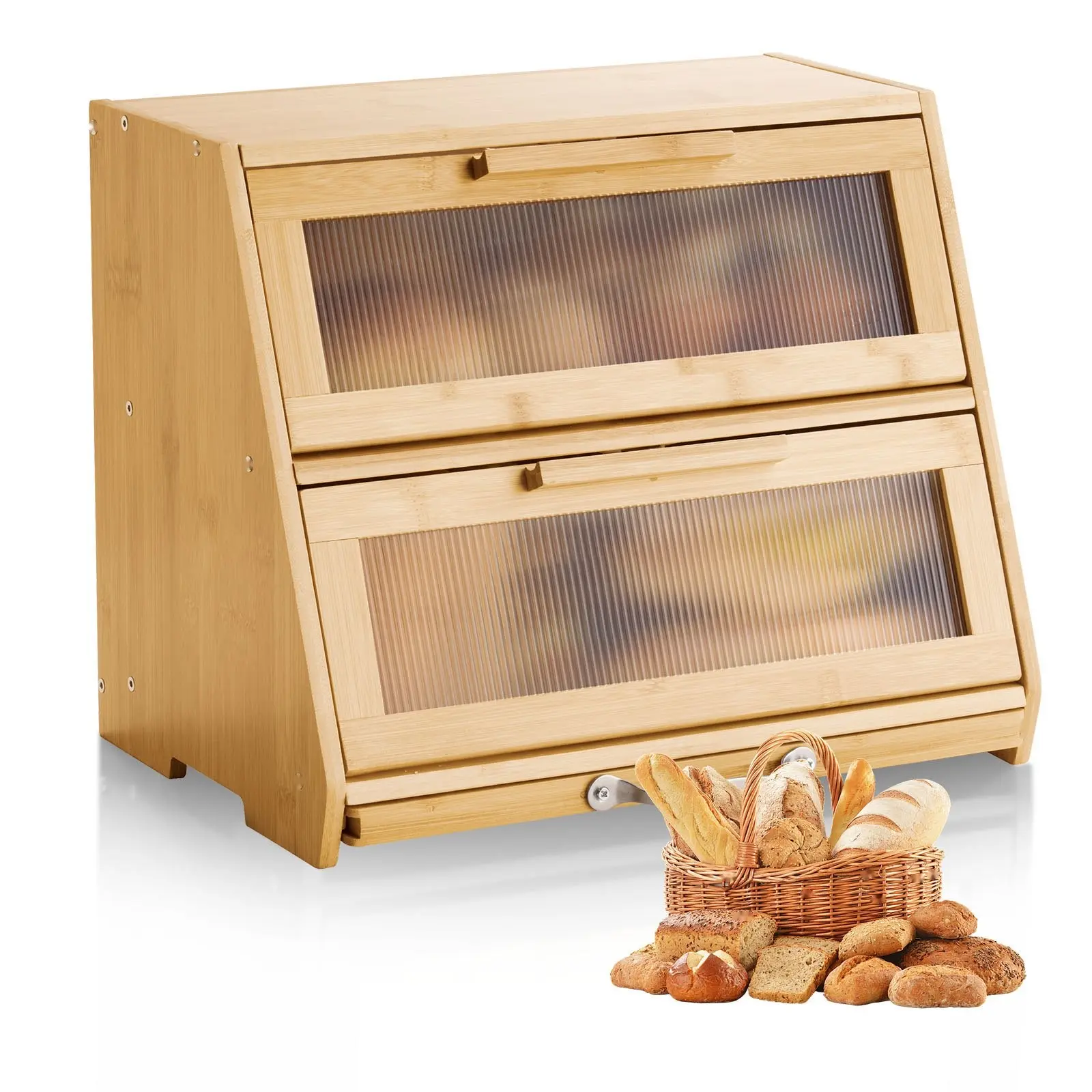 Two-Tier Bamboo Bread Box For Kitchen Counter Storage - Natural Finish, Double Layer Bread Storage Container With Durable Construction, Space-Saving Pantry Organizer, Eco Friendly Wooden Box For Fresh Bread And Crusty Loaves
