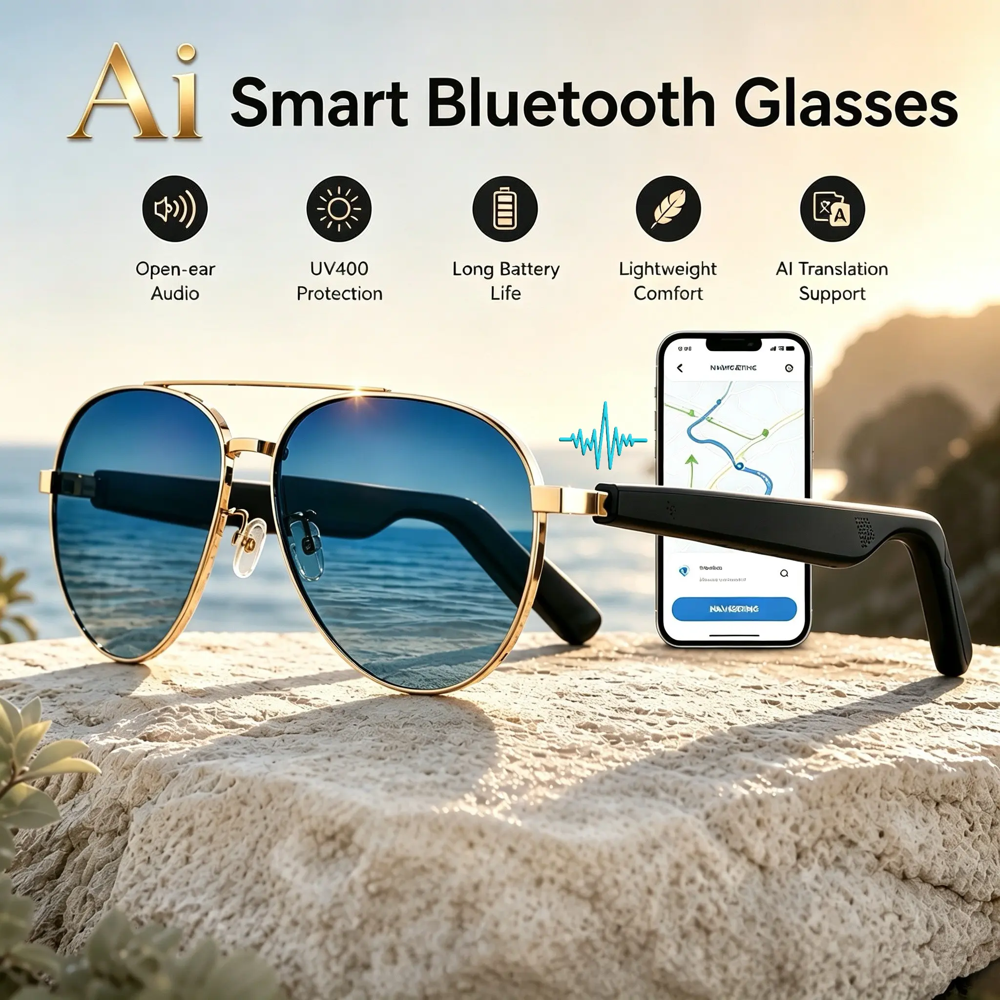 Ai Bluetooth-compatible Smart Glasses, Multilingual APP Translation, Music Goggles, Sweat-Resistant, UV Protection, Ideal for Travel, Navigation, Meetings