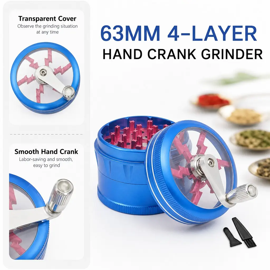 Lightning Teeth Transparent Lid Hand-Crank Aluminum Alloy 63mm 4-Layer Spice Grinder, Durable Design for Kitchen Use, Efficient Grinding Tool