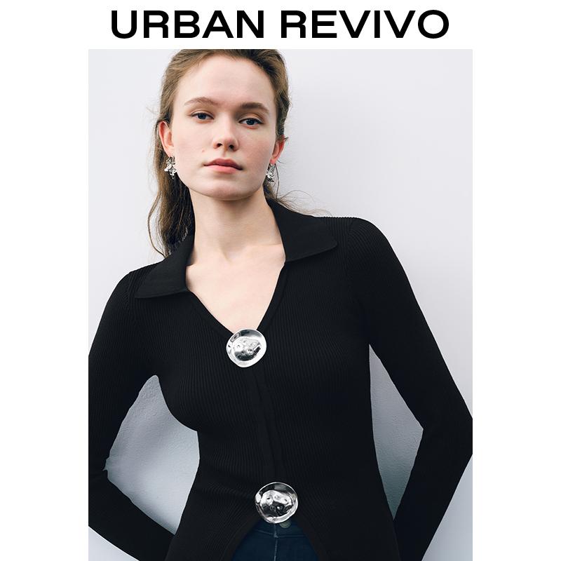 URBAN REVIVO Fluid Metal Buttons Skinny Knitted Cardigan for Women  UWJ940035 Casual Outfit 2025 Women Clothing Girl Elegant Fashion Trendy and Versatile OOTD