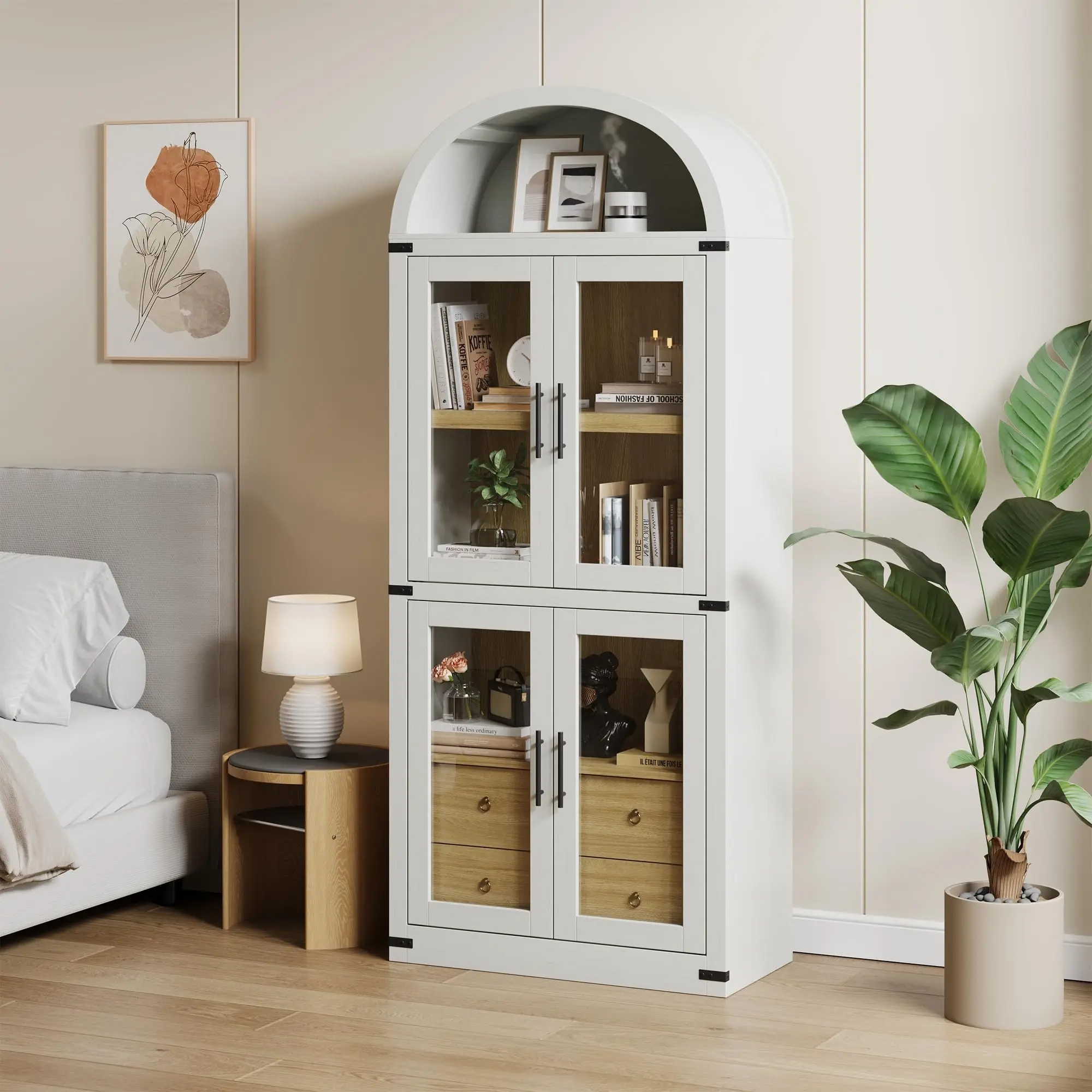 GARVEE Vintage Arch-Top Office Cupboard - Wood Construction with Antique White Finish, 4-Level Shelf, 2 Drawers, Doors, Sturdy Base, Spacious Storage & Display
