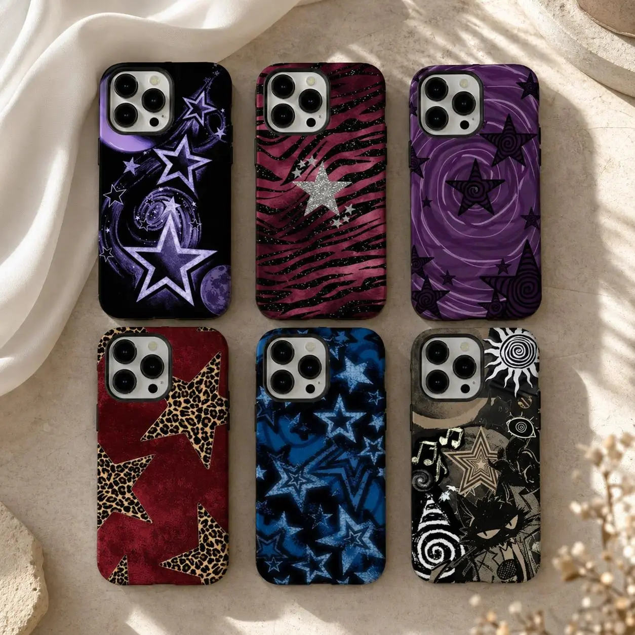 Y2K Galaxy Star Phone Case Mystic Purple Moon & Swirl Art Protective Cover for iPhone 17/16/15/14/13/12/11 ProMax Plus Samsung S26 S25 S24 S23 S22 Slim Lexan Polycarbonate TPU Tough Design Gift for Men Girls