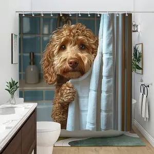 Adorable Poodle Puppy Peeking Over Bath Towel Digital Shower Curtain - Cute and Cozy Bathroom Decor with Realistic Dog Design, 12 Hooks, 70.86x70.86in, Perfect Moving Gift, Bathroom Decor And Accessories