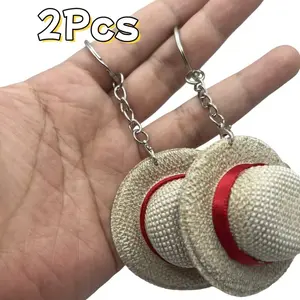 2 Handmade Straw Hat Anime Keychains, Unisex Cute Straw Hat Keychain, Bag Charm, Car Wallet Backpack Gift, Must-Have for Anime Fans