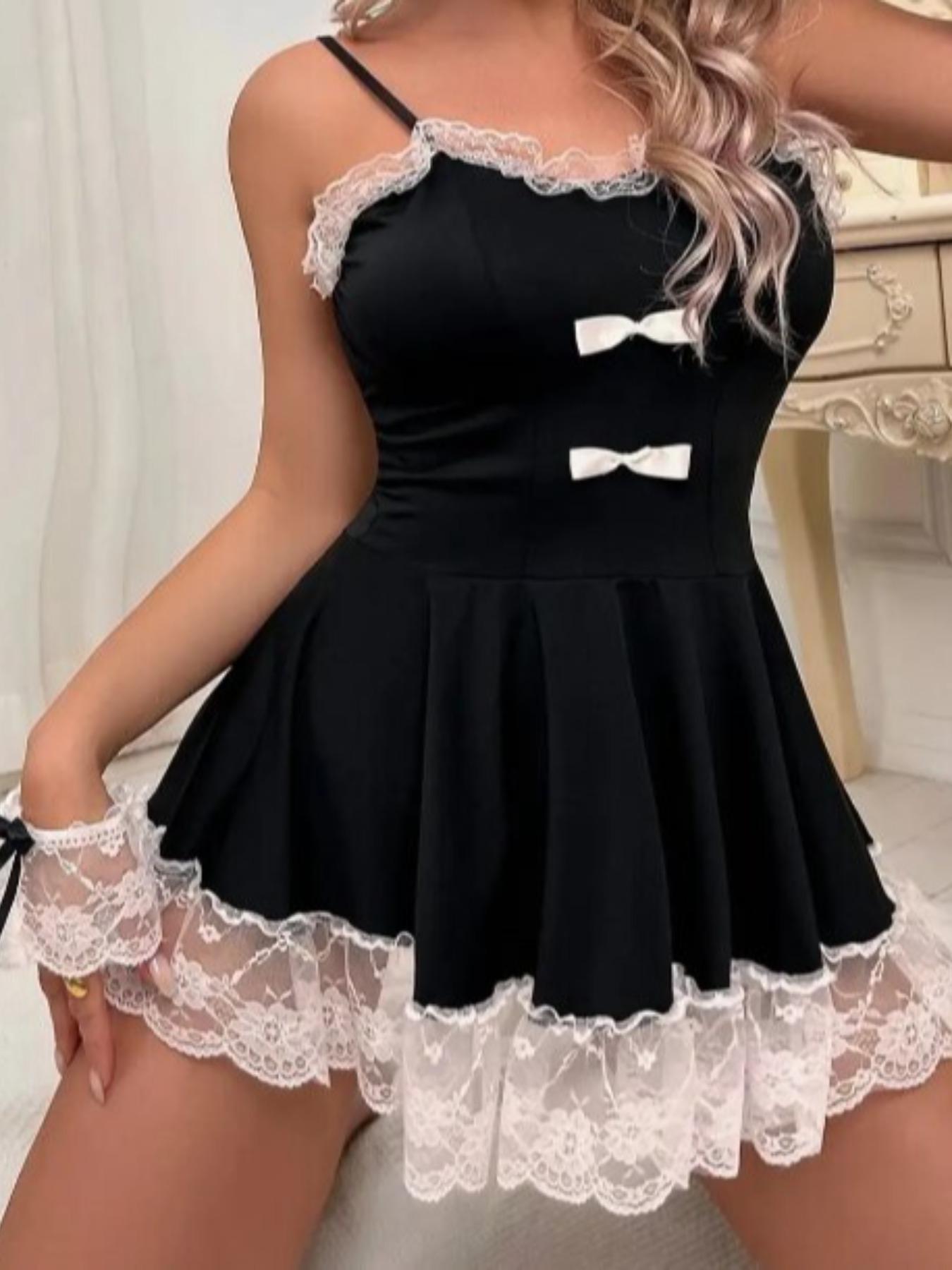Women's Contrast Lace Bow Decor Backless Cami Dress With Wristbands, Elegant Fashion A-line Nightdress, Women's Nightgown