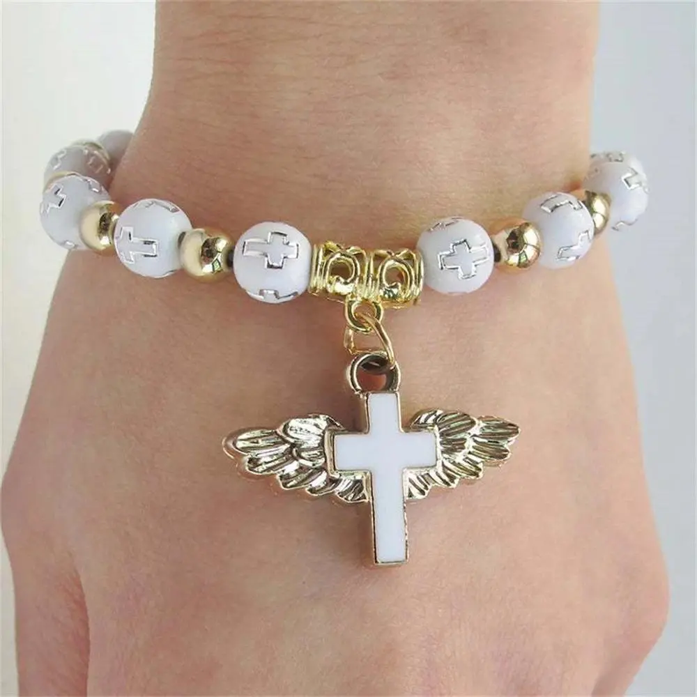 Rosary-Style Keychain with Angel Wing Cross, 8mm Bronzed Acrylic Beads for Female, Religious Baptism Gift, Bronzing, Approx 8Mm, Women Girls, A