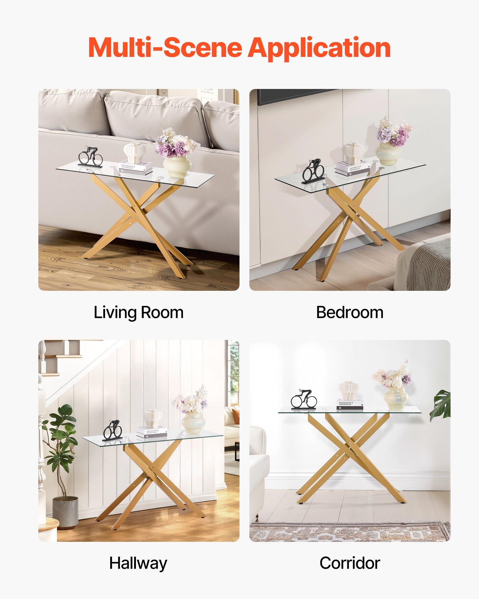 VEVOR Glass Coffee Table, Modern Rectangle Sofa Side Table with Tempered Glass Top & Iron Cross-Legs, Golden Geometric Consloe Desk with Adjustable Anti-slip Foot Pads for Living Room, Entryway, Foyer VEVOR Glass Coffee Table, Modern Rectangle Sofa Side Table with Tempered Glass Top & Iron Cross-Legs, Golden Geometric Consloe Desk with Adjustable Anti-slip Foot Pads for Living Room, Entryway, Foyer