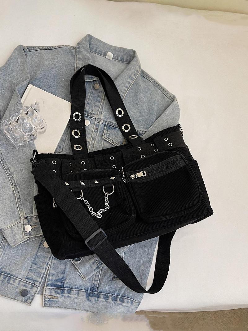 Punk Style Studded & Chain Decorated Crossbody Bag, Multi-pocket Shoulder Bag for Women, Casual Trendy Versatile High-quality Daily Commuting Bag