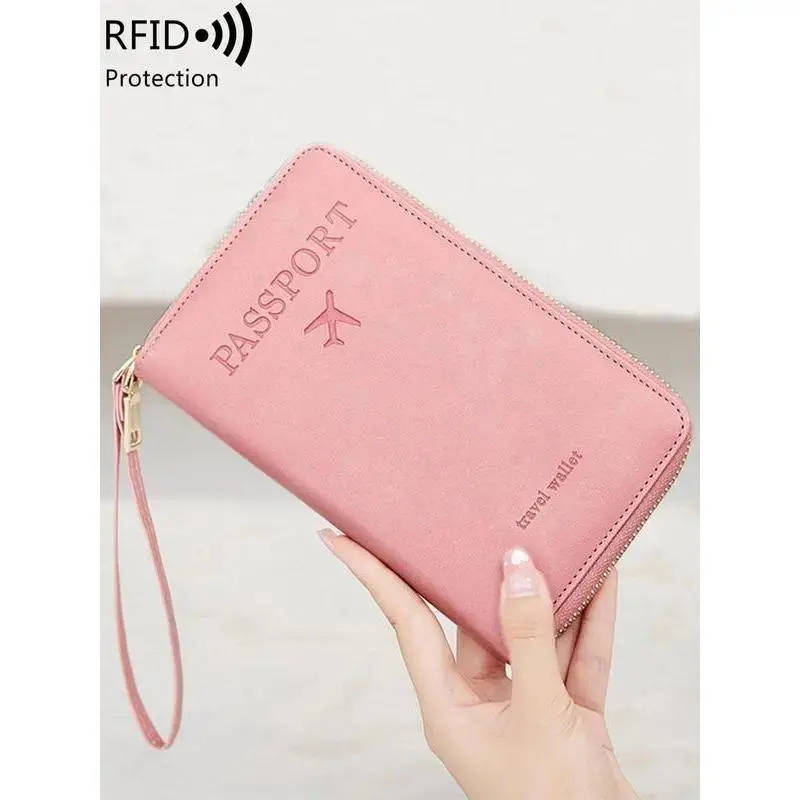 Passport Holder Travel Wallet for Women Men, RFID Blocking Travel Organizer with Secure Zipper Closure and Wrist Strap, Durable Polyester Document Pouch for Cards Cash Passport Airport Trips Vacation and Business Travel