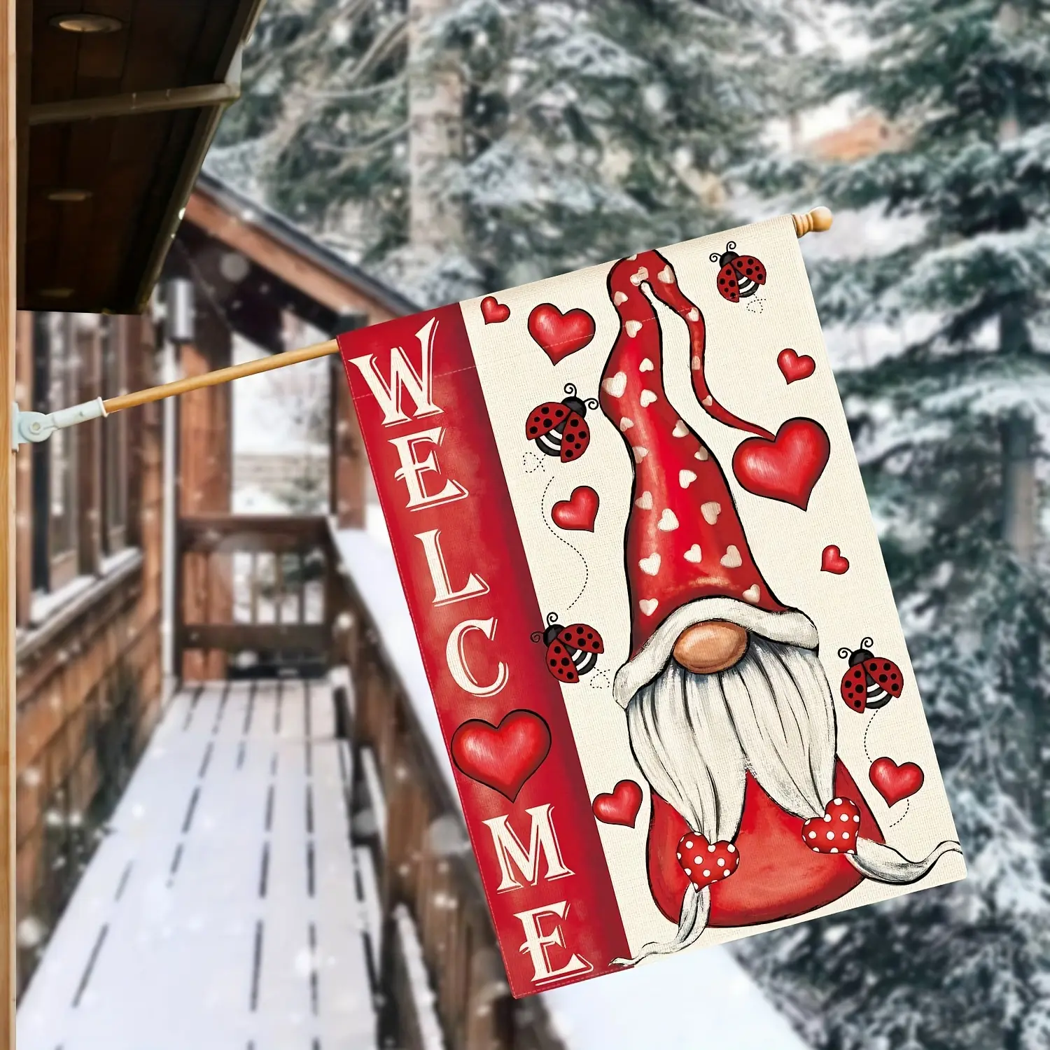 Charming Double-Sided Valentine's Day Gnome Welcome Flag - Rustic Love Heart Design for Outdoor & Yard Decor, Durable Polyester, 12x18 or 28x40 Inch (Flag Only)