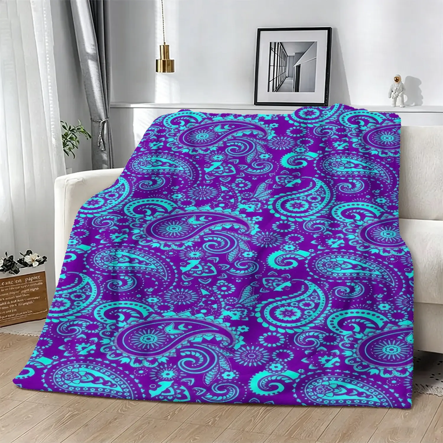 Purple Teal Paisley Pattern Throw Blanket, Soft Cozy Flannel Blanket, Boho Plush Blanket, All Season Warm Blanket, Paisley Aesthetic Home Decor, for Sofa, Bed, Couch