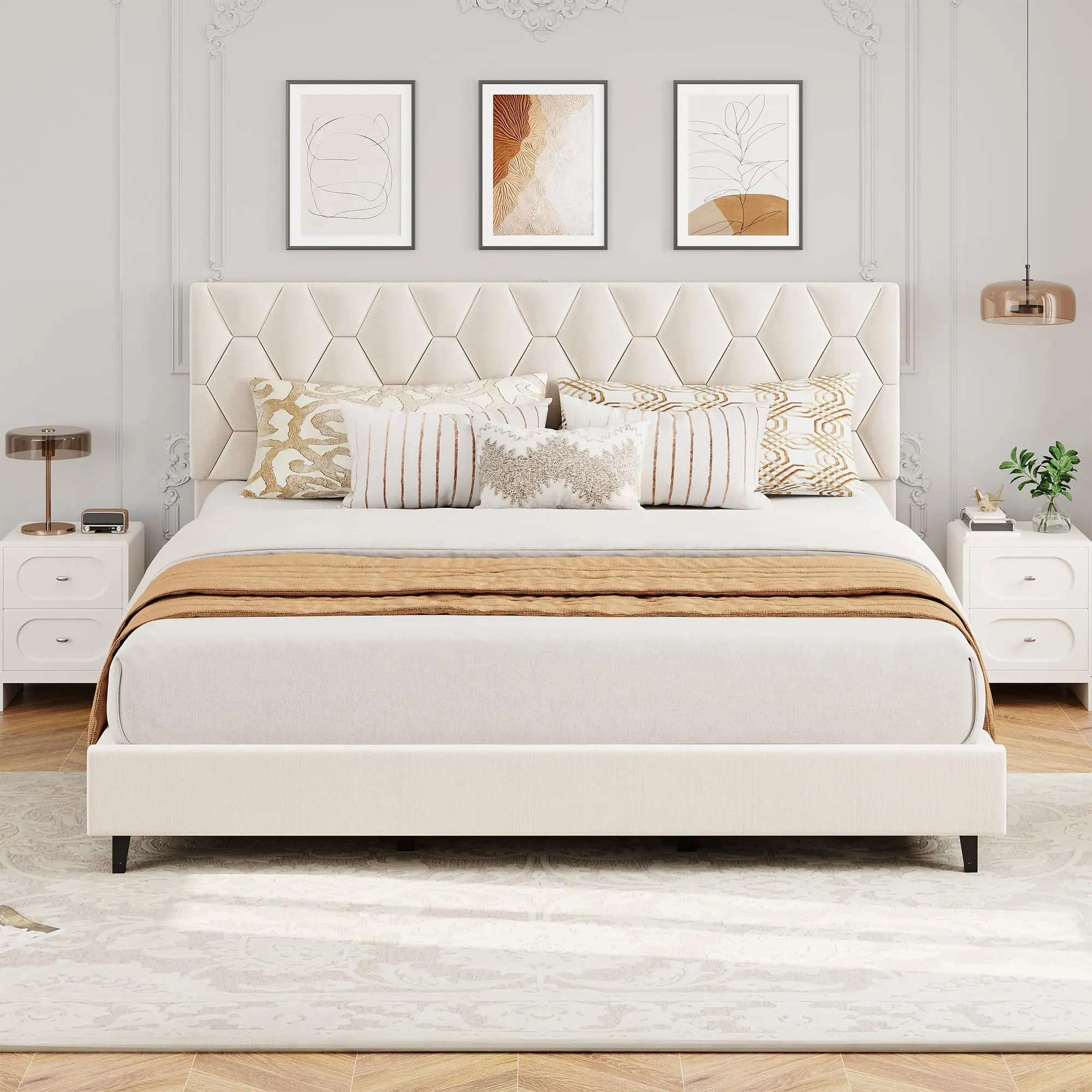 Modern Upholstered Platform Bed Frame with Adjustable Diamond Headboard No Box Spring Needed Velvet Linen Fabric Bed Headboard Metal Frame Wood Slats Storage Mattress Foundation Noise Free Bedroom Furniture Queen King