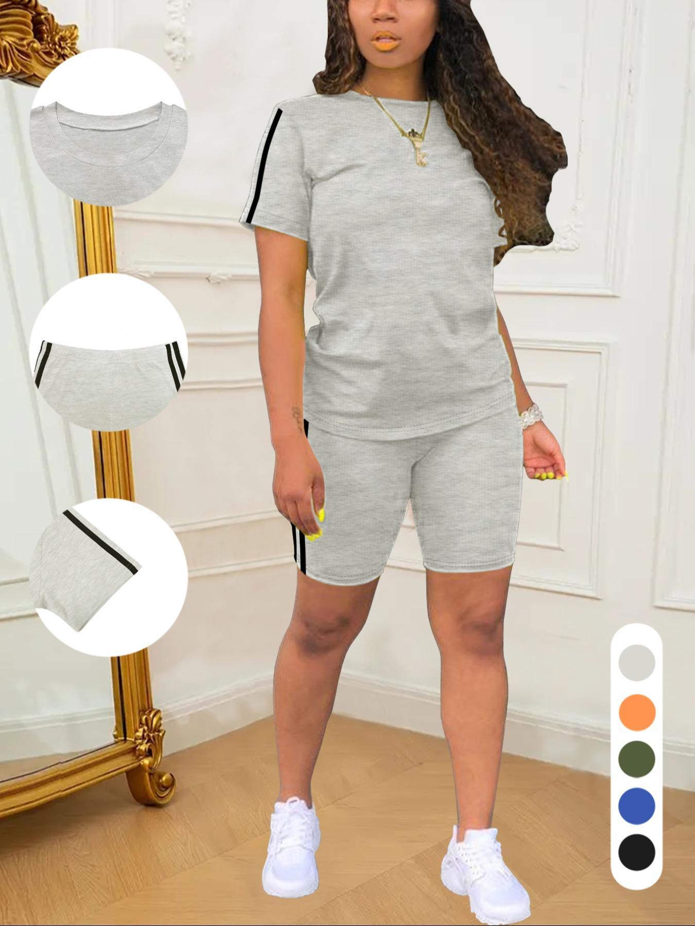 Two-Piece Set Women's Short Sleeve Tee & Shorts, Casual Fitted Round Neck T-shirt & Skinny Shorts, Ladies Summer Clothes