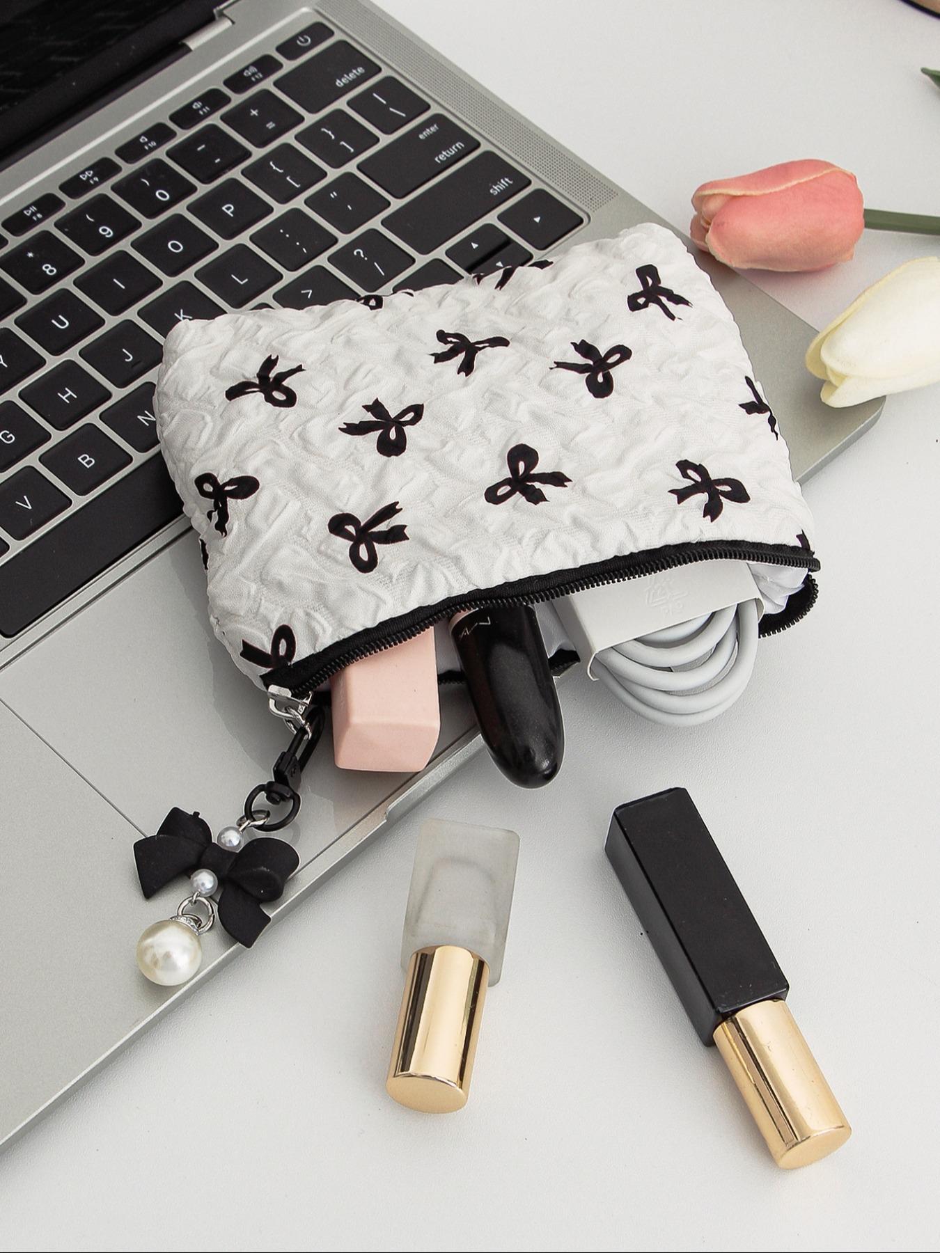 Cute Bow Pattern, Portable Travel Makeup Bag, Daily Makeup Storage Bag, Fashionable Makeup Bag for Sanitary Pads, Lipstick, Keys, Skin Care Products, Makeup Organizer Pouch