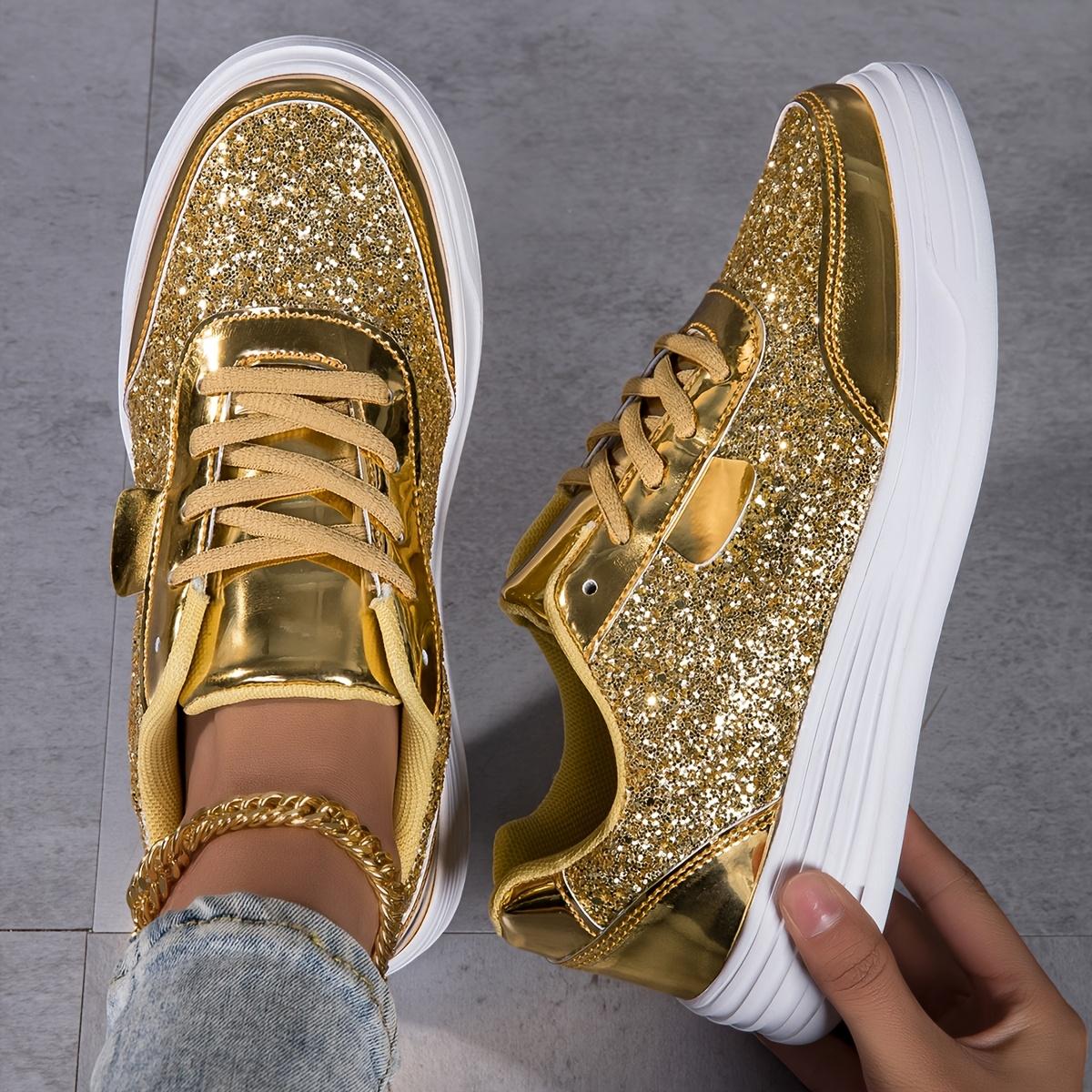 Women's fashion glossy sneakers with sparkling sequins, running shoes, street skate shoes, non-slip spring summer mesh breathable lace-up casual shoes, thick sole height incr dance shoes, lightweight soft sole low-top walking shoes